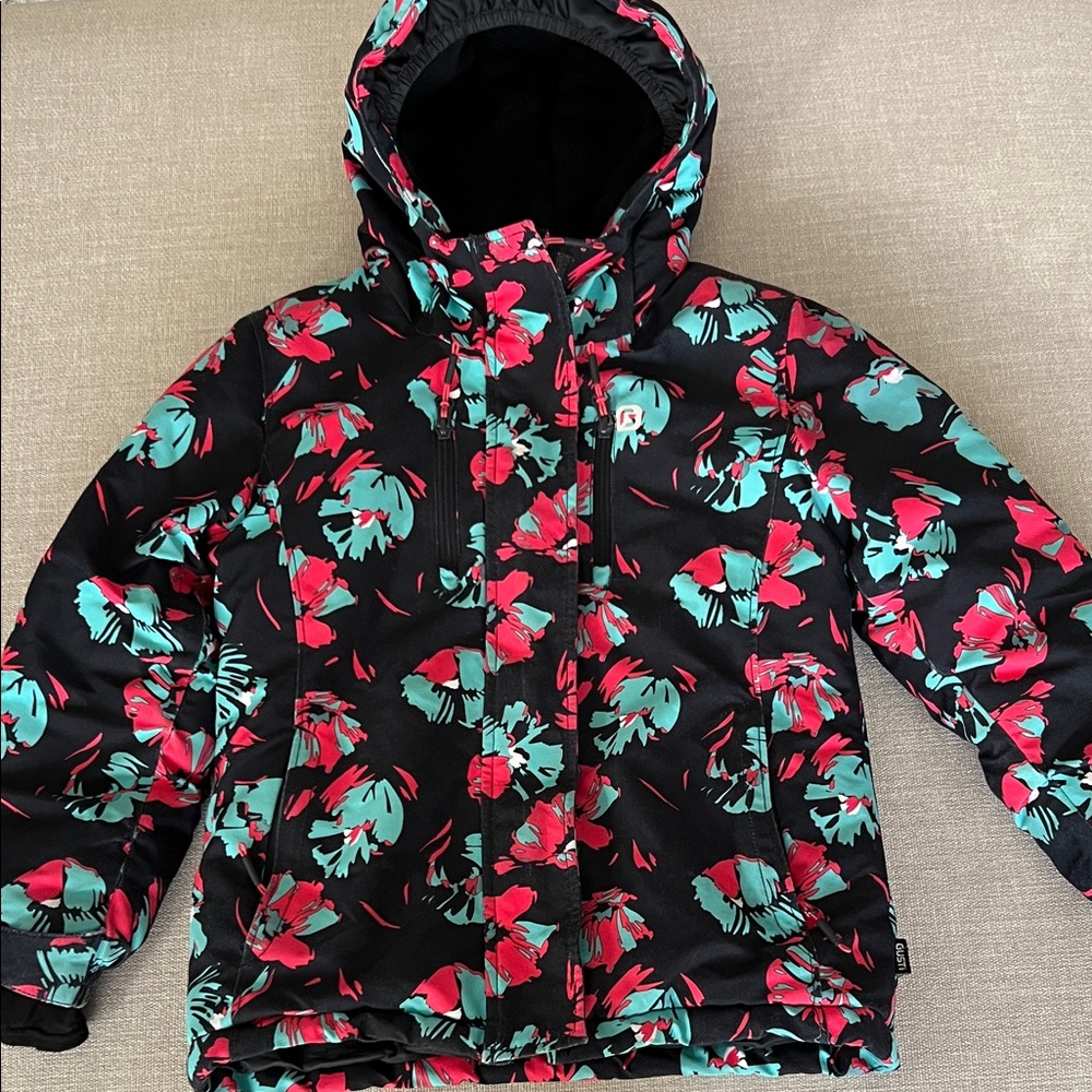 Gusti Girls Black Floral Winter Jacket with Pink & Teal Accents